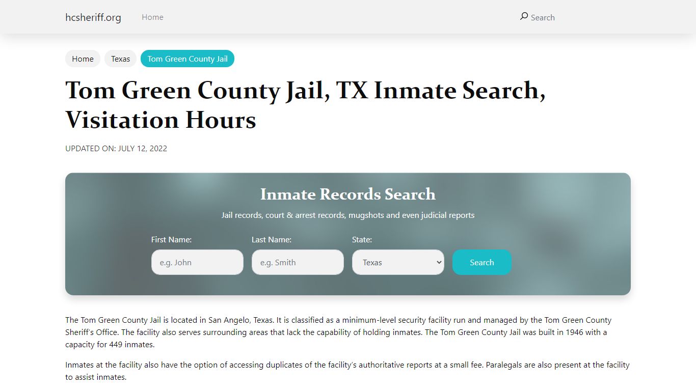 Tom Green County Jail, TX Inmate Search, Visitation Hours